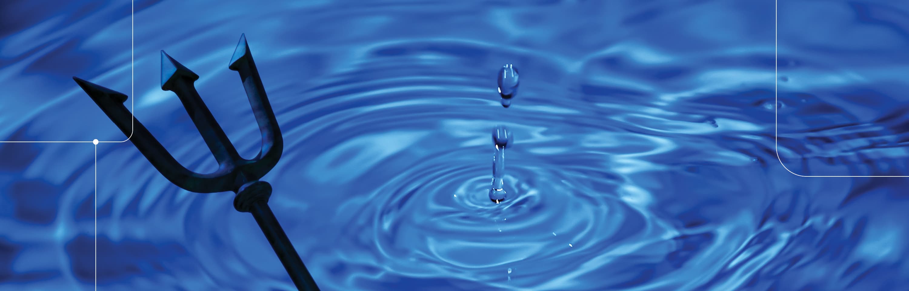 Trident submerged in blue water with ripples and droplets, with white linework.