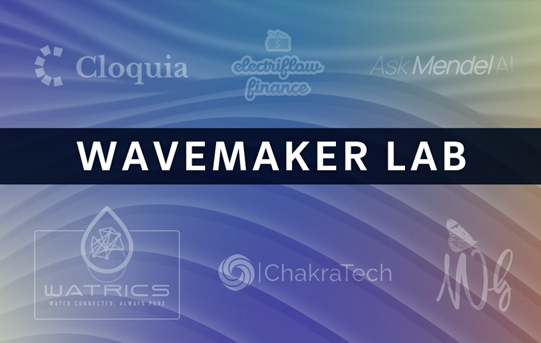 The words "Wavemaker Lab" surrounded by the logos of companies that were part of last year's cohort on a multicolor background.