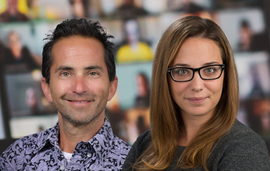 Composite photo of Josh Graff Zivin and Liz Lyons' headshots against a blurred "Zoom" computer screen background